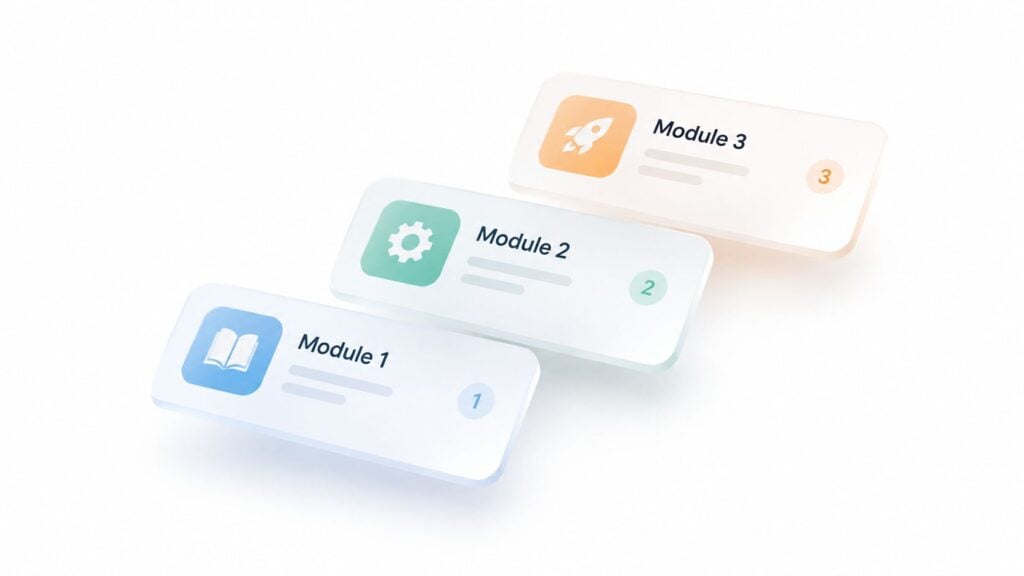 A 3D graphic illustration displaying three sequential learning modules with icons, labels, and progress numbers.