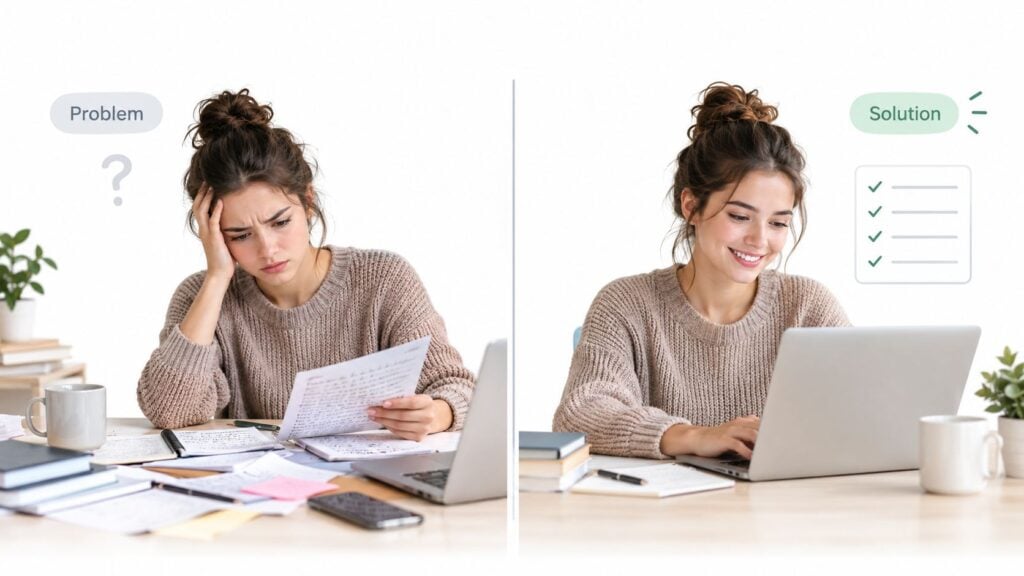 A split image showing a stressed student struggling with paperwork versus a happy student succeeding online.