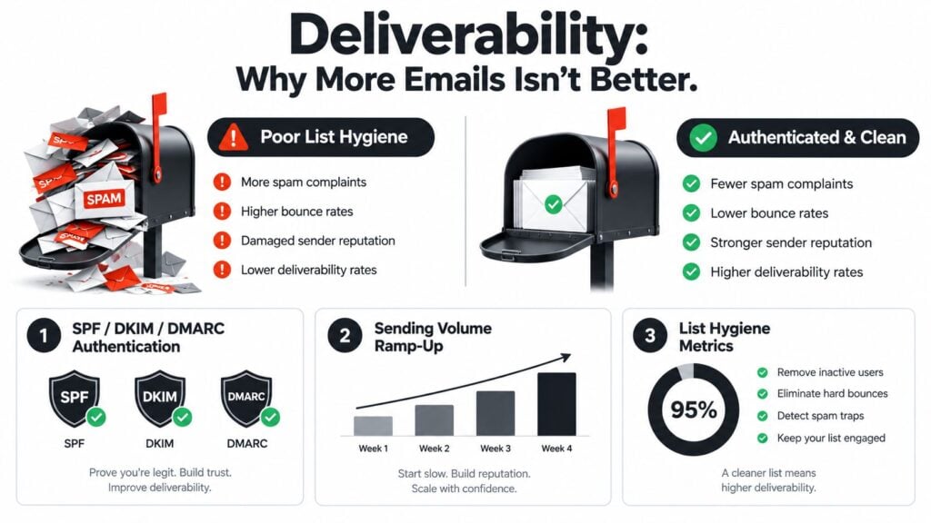 An infographic illustrating email deliverability strategies including authentication, volume ramp-up, and maintaining clean mailing lists for better engagement.