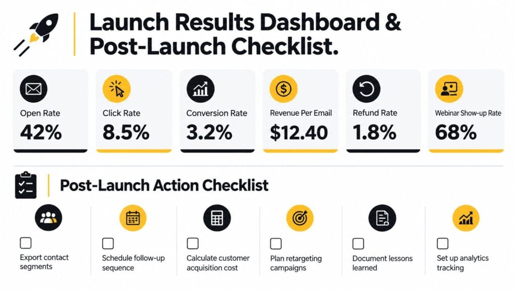 A dashboard showing launch metrics and a post-launch checklist for an email marketing campaign.