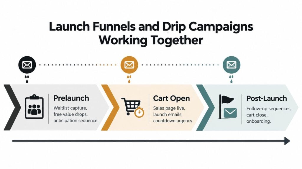 A diagram illustrating the three phases of course marketing: prelaunch, cart open, and post-launch with email drip campaigns.