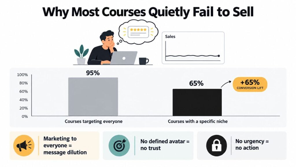 A chart illustrating how targeting a specific niche instead of everyone improves online course sales conversion.