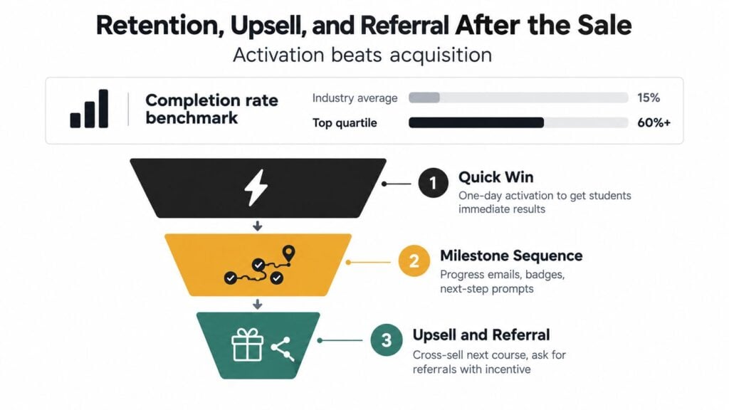 A funnel diagram illustrating student retention, upsell, and referral strategies after a course sale.