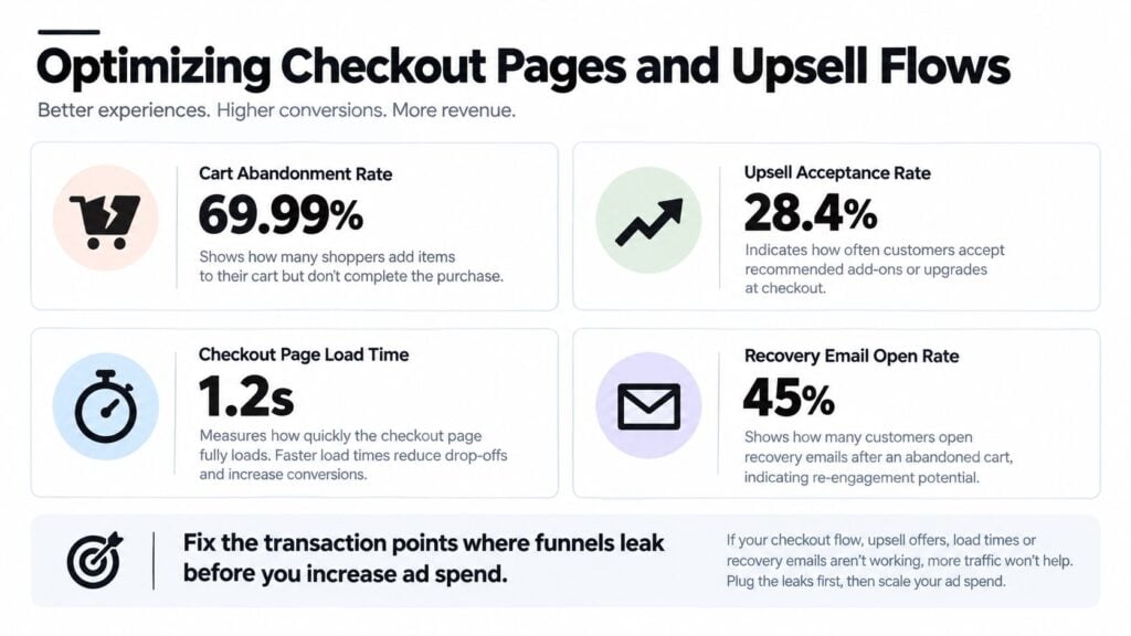 An infographic showing key performance indicators for optimizing checkout pages, upsell flows, and recovery emails.