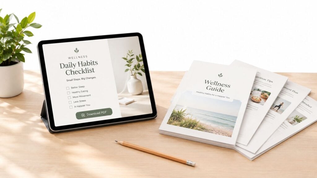 A digital tablet displaying a daily wellness habits checklist beside a printed guide on a wooden desk.