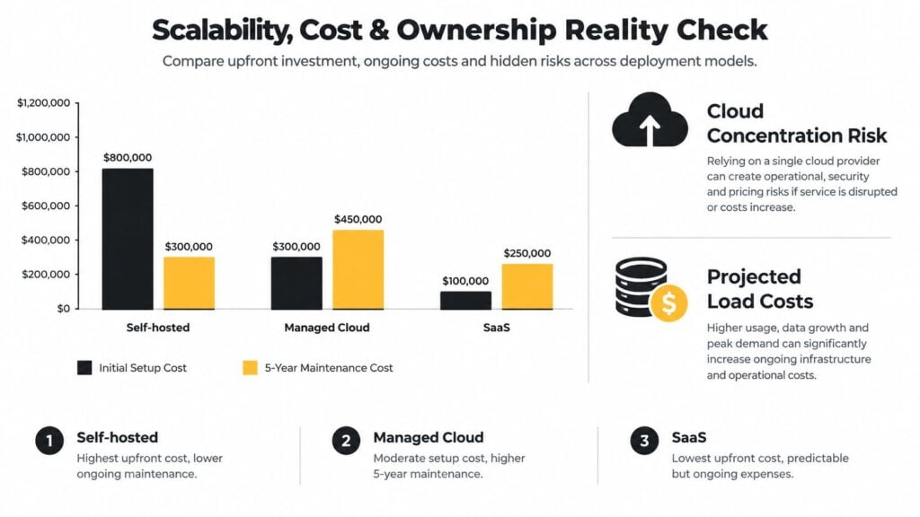 A comparison chart showing the costs of self-hosted, managed cloud, and SaaS deployment models over five years.