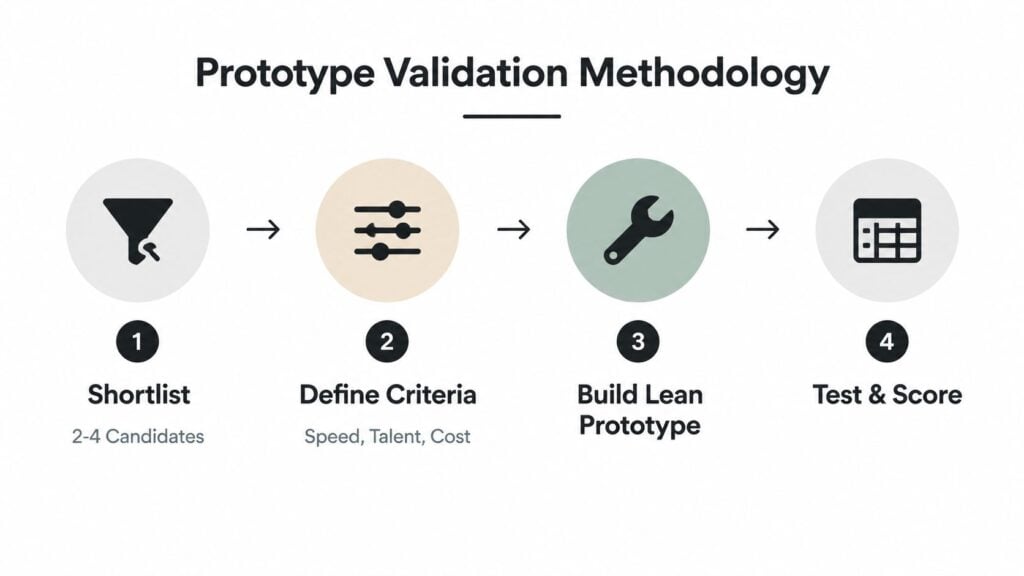 A four-step prototype validation methodology chart showing steps to shortlist candidates, define criteria, and build prototypes.