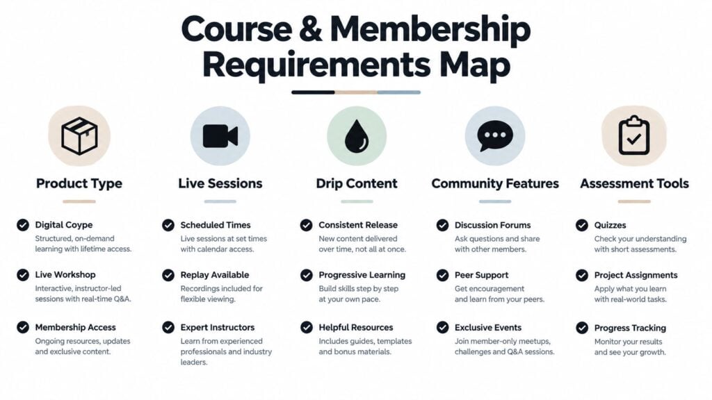 A diagram outlining key requirements for building online course and membership platforms across five main categories.