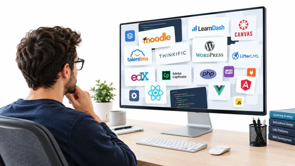 A professional developer analyzing various software technologies and LMS platforms displayed on a large computer monitor.