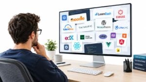 A professional developer analyzing various software technologies and LMS platforms displayed on a large computer monitor.