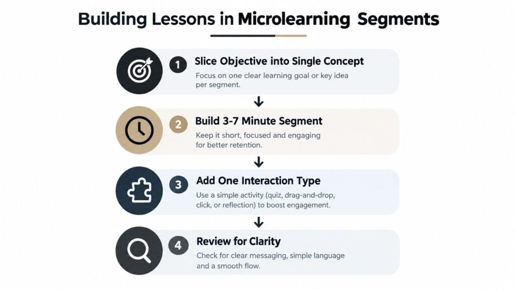 A flowchart outlining four essential steps for building effective microlearning educational segments.