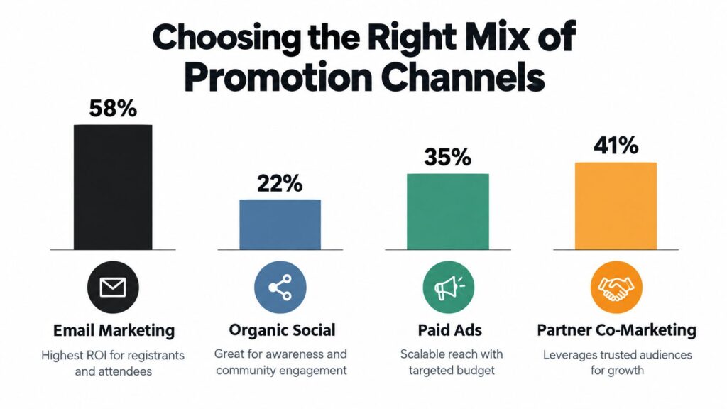 A bar chart showing the effectiveness percentages of different marketing channels for promoting webinars and events.
