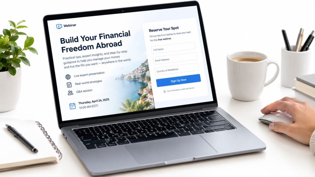 A laptop on a desk showing a webinar registration page for financial planning while abroad.