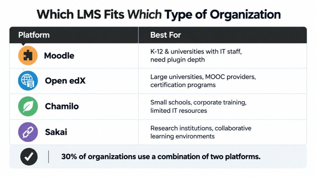 A table comparing four open source learning management systems: Moodle, Open edX, Chamilo, and Sakai.