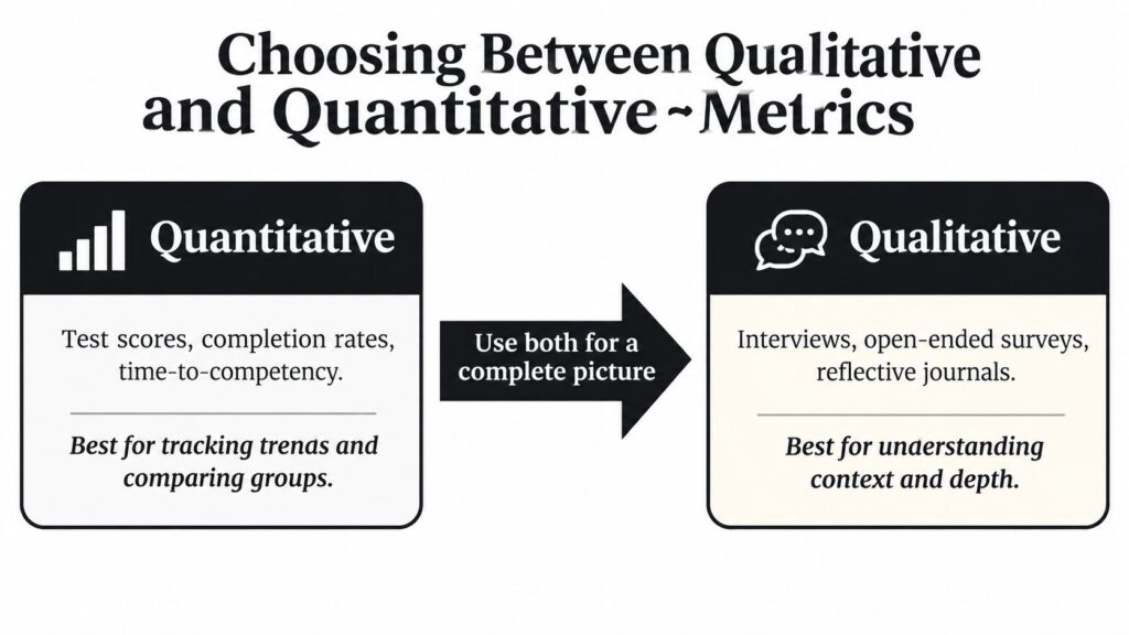 A comparison chart explaining the differences between quantitative metrics and qualitative metrics in learning evaluation.