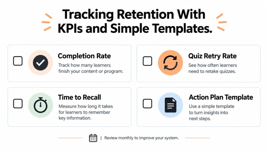 A slide illustrating four key metrics to track learning retention with simple improvement templates.