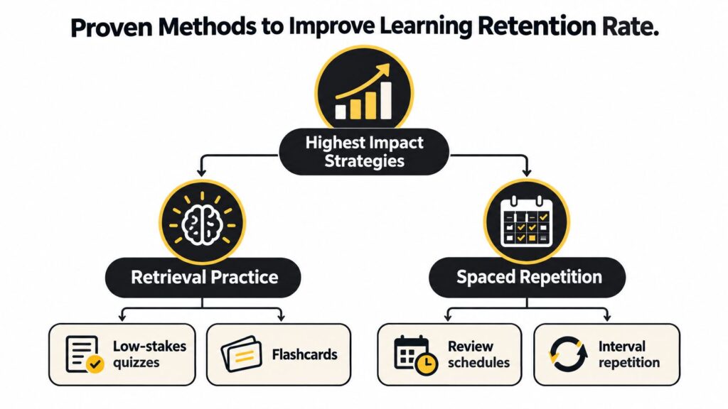 A flowchart showing that retrieval practice and spaced repetition are the highest impact strategies for learning retention.