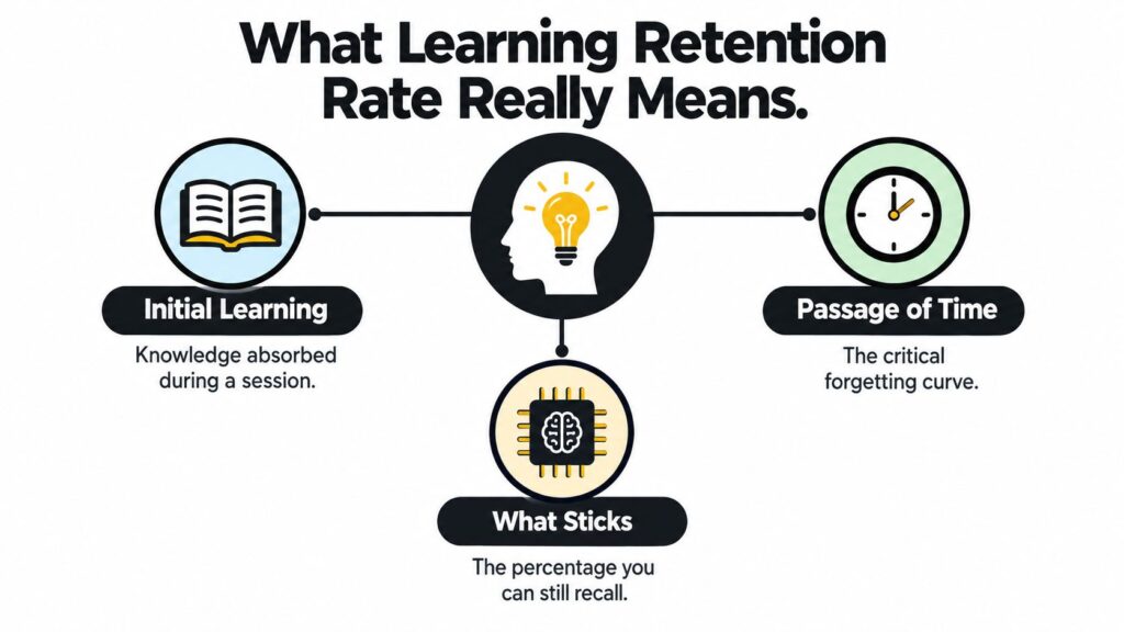 A diagram illustrating learning retention rate as a combination of initial learning, time, and memory recall.