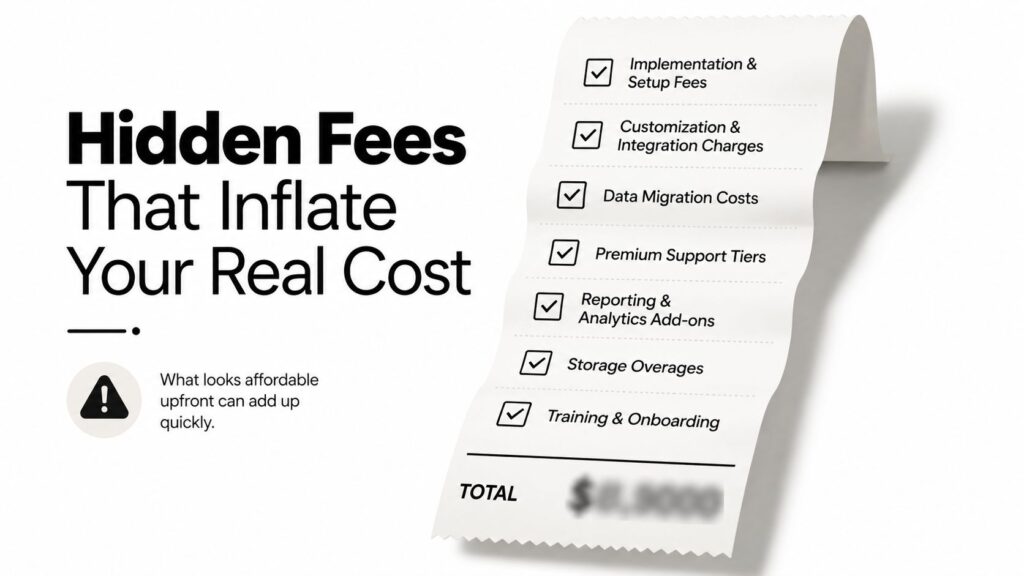 A receipt illustration listing common hidden business software fees that increase the total project cost.