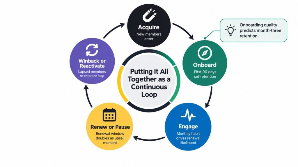 A circular diagram illustrating a five-stage continuous membership lifecycle for business customer acquisition and retention.