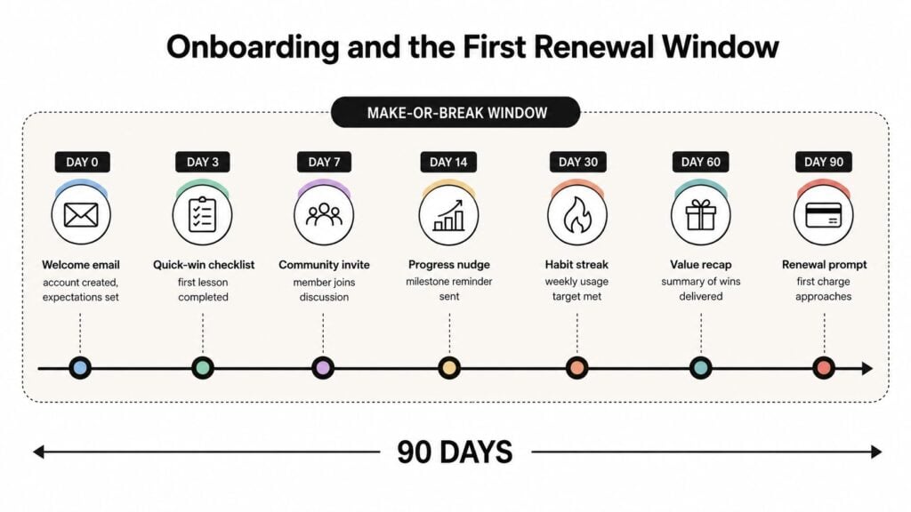 A timeline graphic illustrating the 90-day onboarding process and renewal window for a new customer membership.