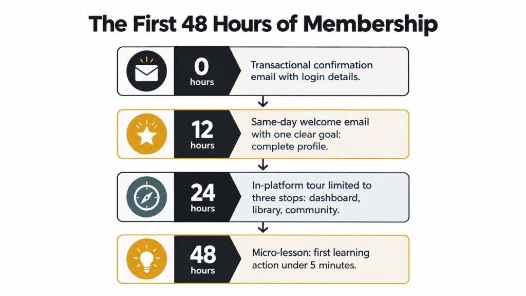 An infographic showing a four-step membership onboarding process occurring over the first 48 hours.