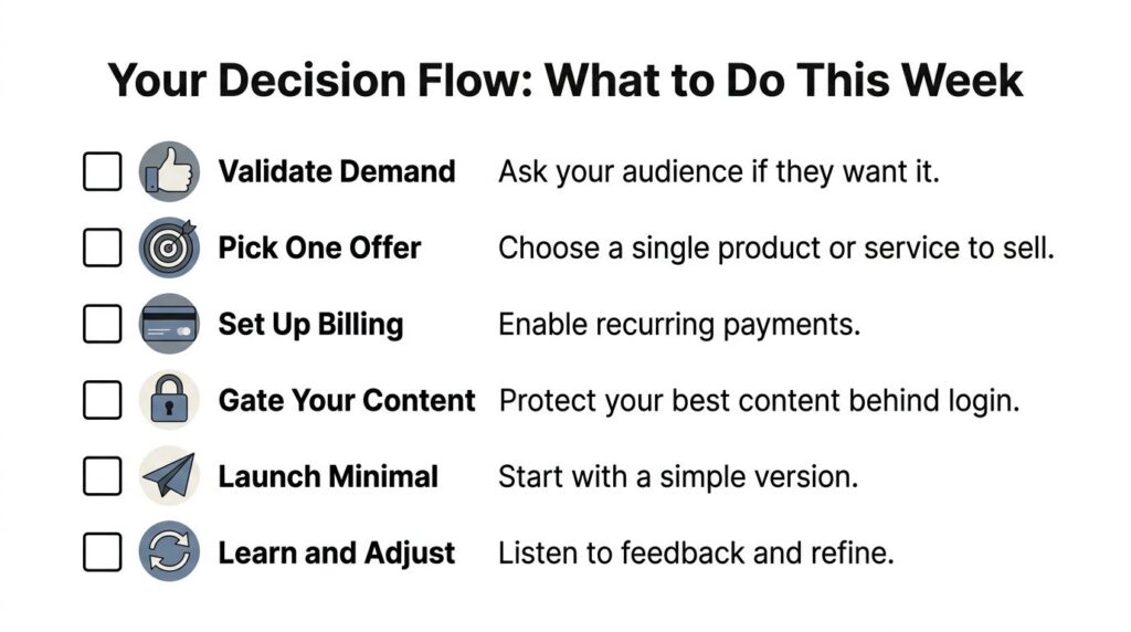 A checklist titled Your Decision Flow showing six essential steps for creating a subscription membership website.