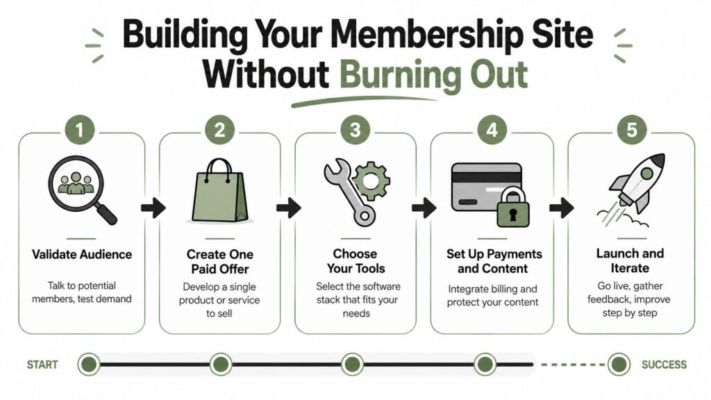 A step-by-step infographic illustrating five stages to build a membership site without experiencing professional burnout.