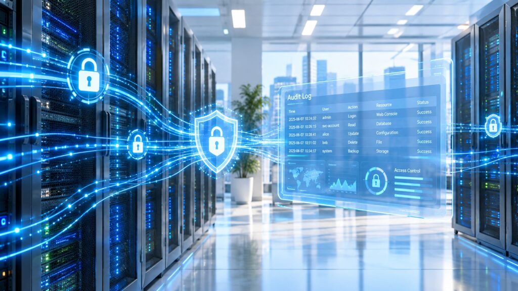 A high-tech server room with glowing security shield icons and a holographic audit log display overlay.