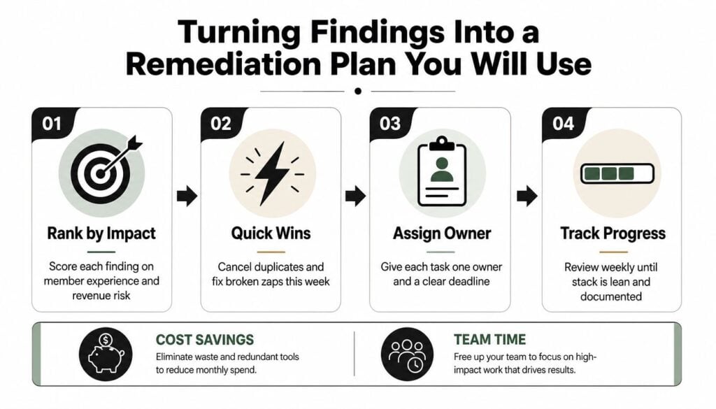A four-step infographic showing how to create a remediation plan after conducting a tech stack audit.
