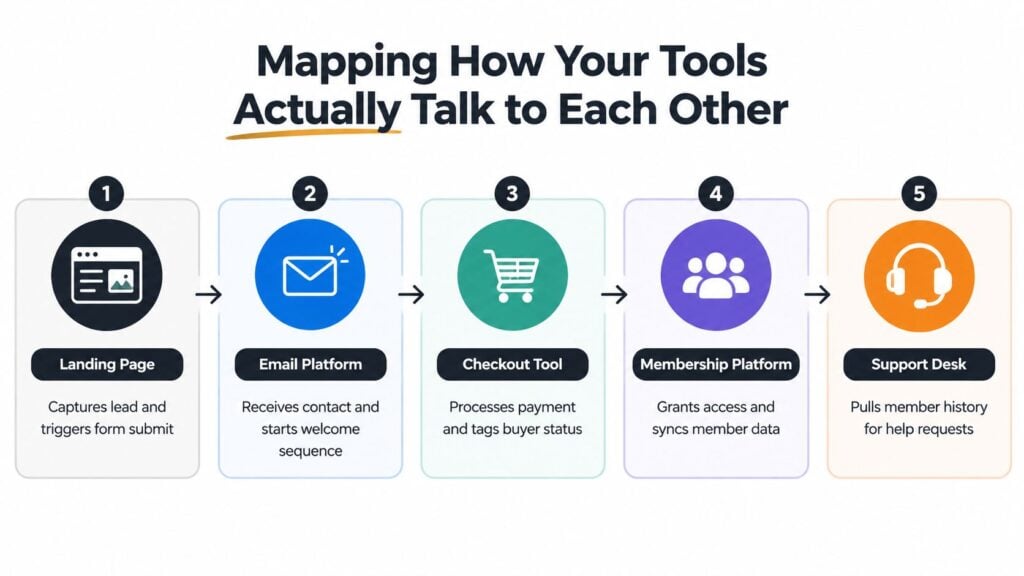 A diagram illustrating the workflow and integration process between five different digital business software tools.
