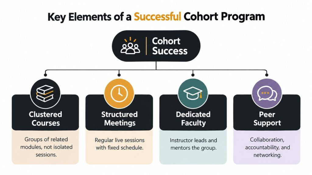 A diagram outlining the four key elements of a successful cohort program: clustered courses, structured meetings, dedicated faculty, and peer support.