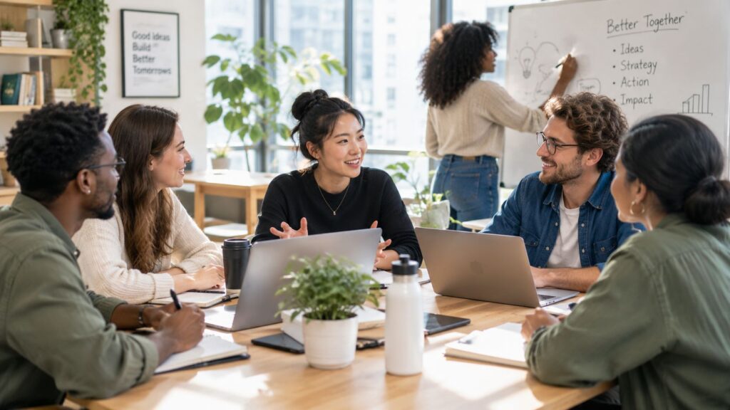 A diverse group of professionals collaborating together around a table in a bright, modern office space.