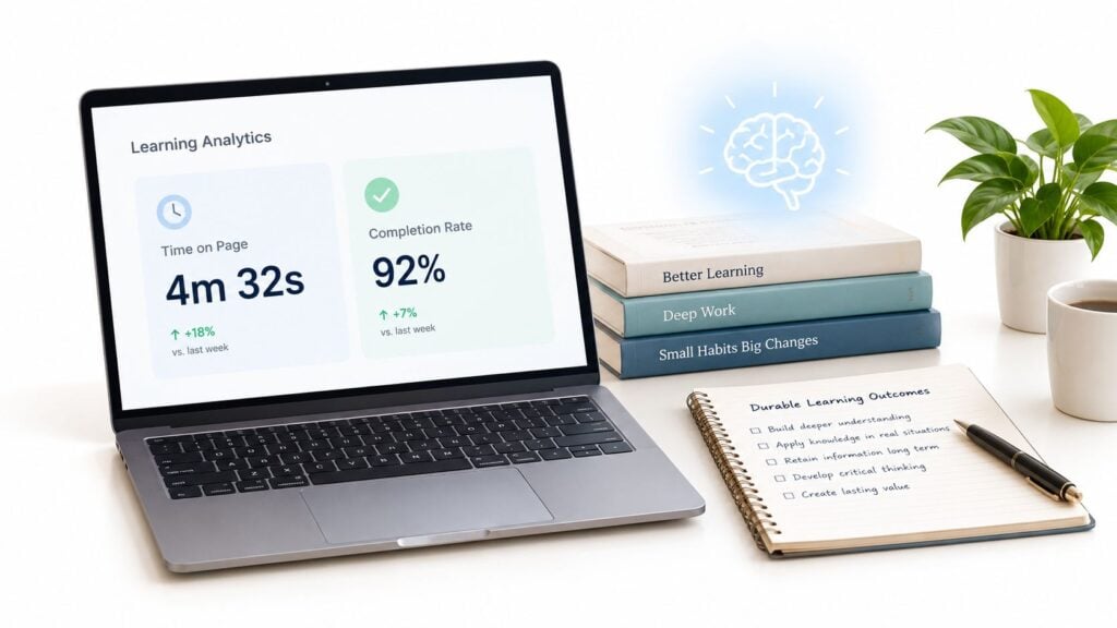 A laptop showing learning analytics with books and a notepad on a desk for educational planning.