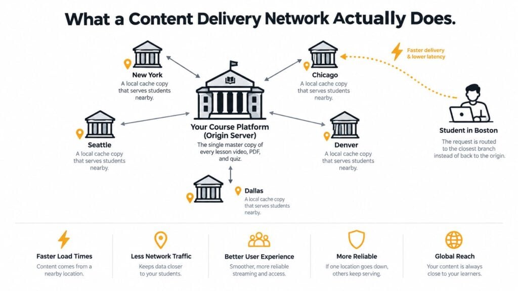 An infographic illustrating how a content delivery network uses local servers to speed up content delivery.
