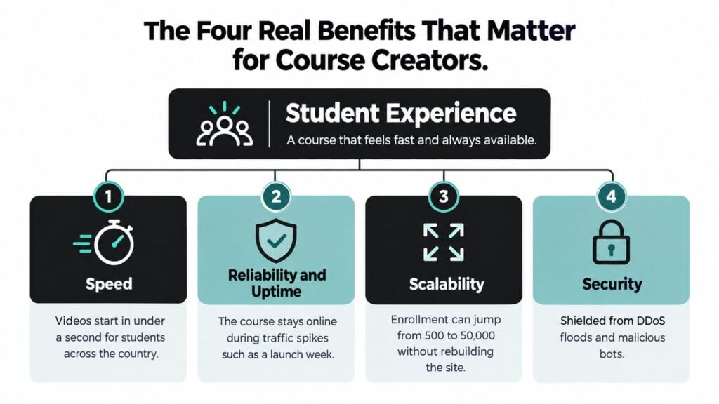 An infographic titled The Four Real Benefits That Matter for Course Creators, highlighting speed, reliability, scalability, and security.