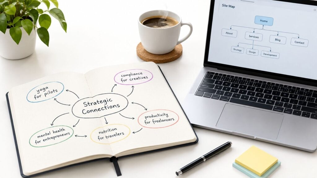 A workspace showing a notebook with a mind map about strategic connections for various niche target markets.
