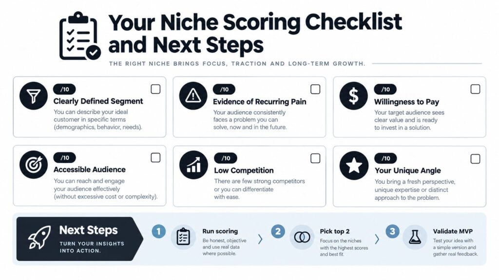 A Niche Scoring Checklist for entrepreneurs to evaluate business ideas based on customer needs and competition.