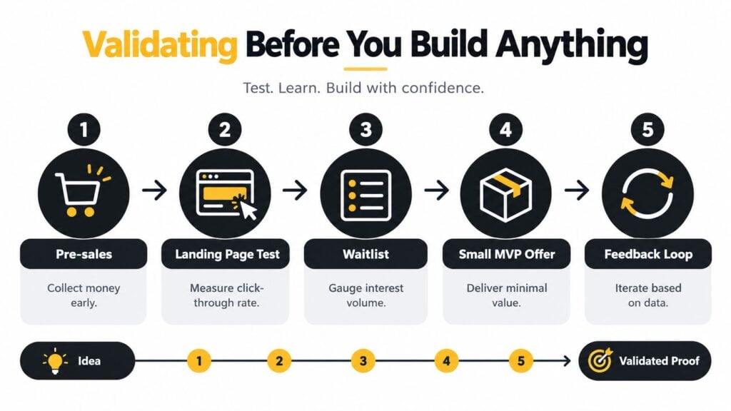 A five-step process infographic illustrating how to validate business ideas before building products.