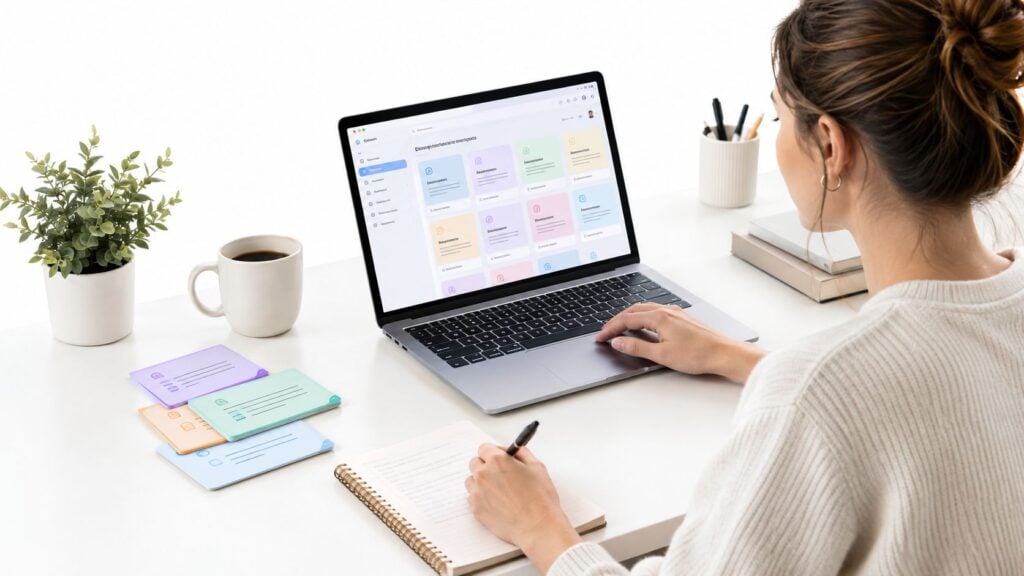 A woman working on a laptop at a desk with notebooks and sticky notes in a bright office.