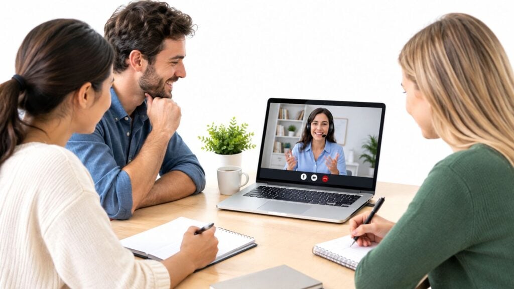 A team of three professionals collaborating on a project during a video call on a laptop.