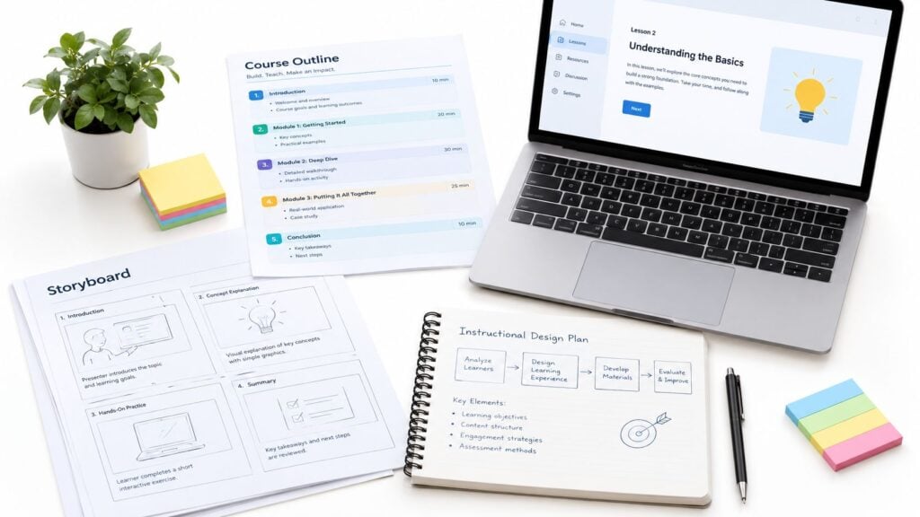 A professional digital product workspace featuring course outlines, design plans, and a laptop on a desk.
