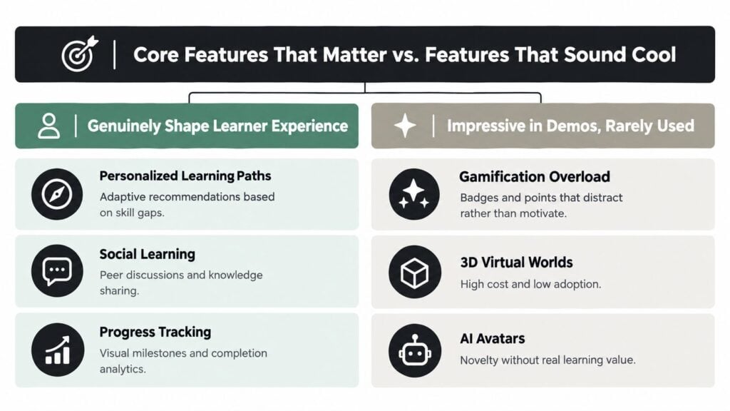 A comparison chart showing core features that shape learner experience versus features that only sound cool.