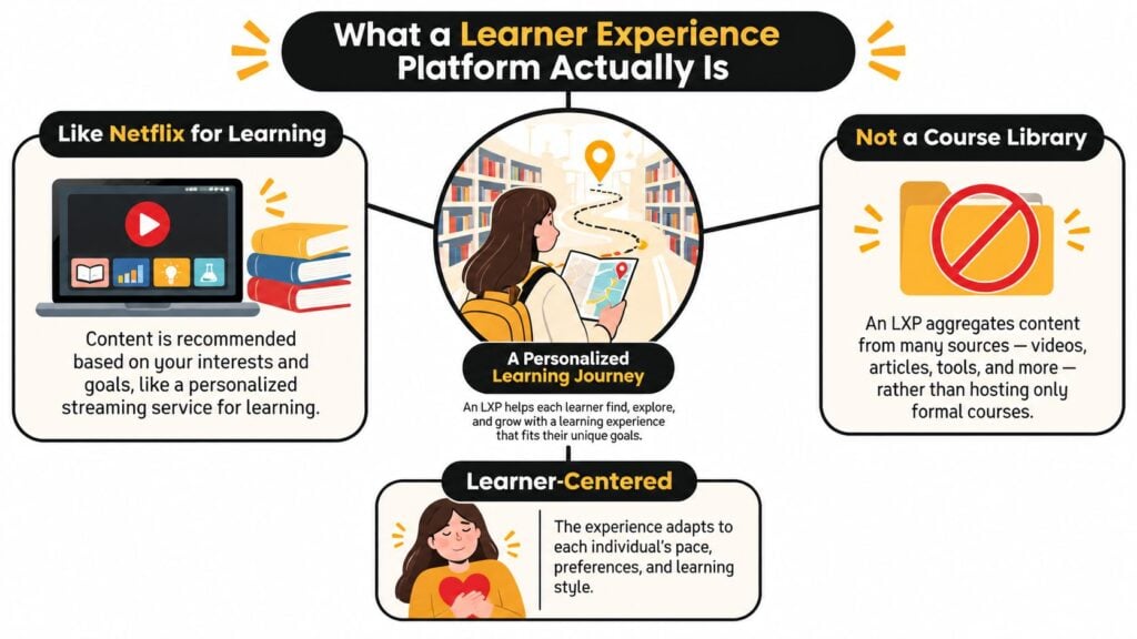 An infographic explaining that a Learner Experience Platform offers personalized, learner-centered paths rather than static course libraries.