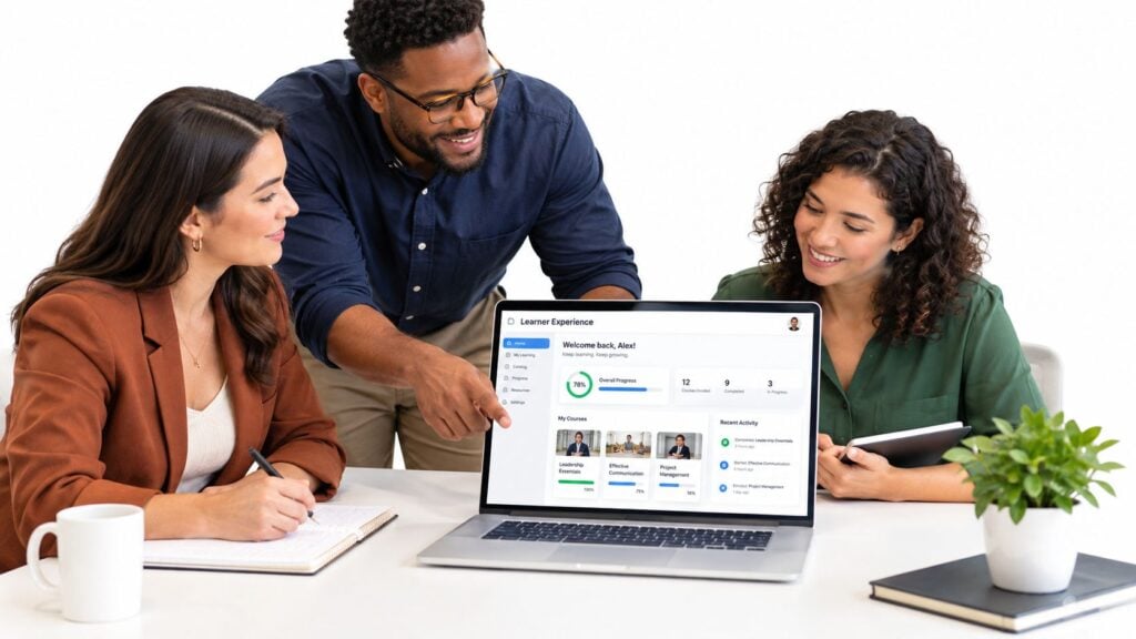 A diverse group of professional colleagues collaborating around a laptop showing a learner experience platform dashboard.