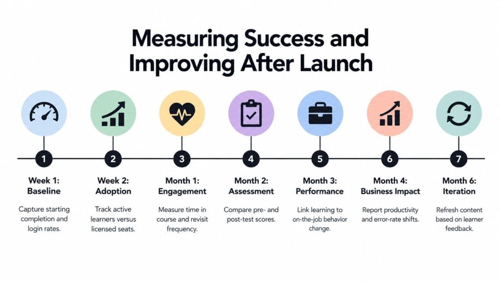 A timeline graphic showing seven steps for measuring success and improving an e-learning platform after launch.