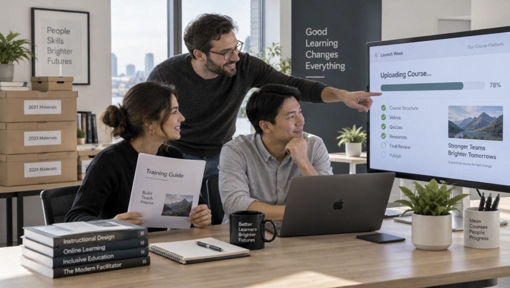 A diverse team collaborating in a modern office while uploading an online course to a learning management platform.