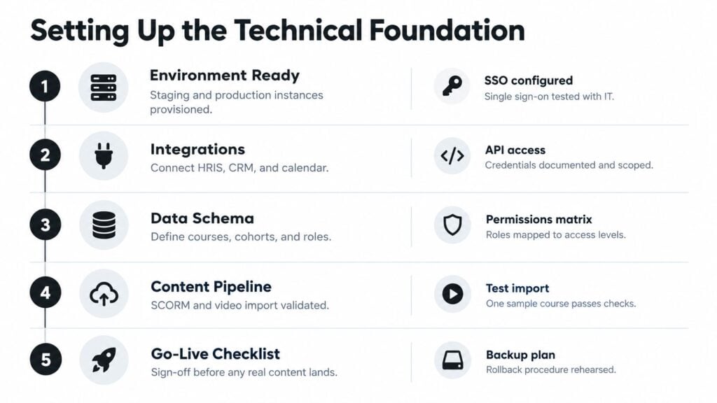 A five-step infographic showing the technical foundation process for setting up a learning management system implementation.