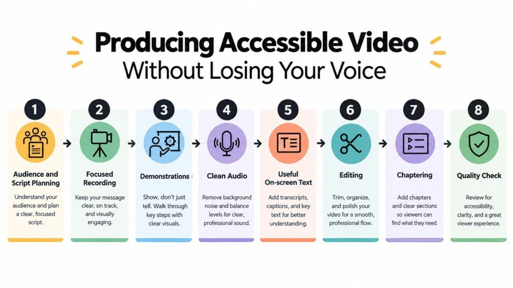 An infographic titled Producing Accessible Video Without Losing Your Voice, outlining an eight-step guide for video content creation.