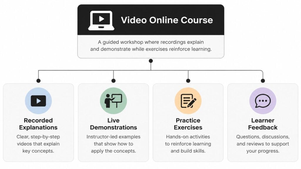 A diagram illustrating the four key components of a video online course: explanations, demonstrations, exercises, and feedback.